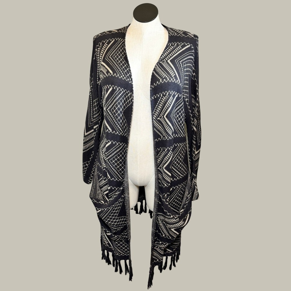 Billabong Womens Cardigan XL Black Tribal Fringe Open Front Sweater Boho Aztec